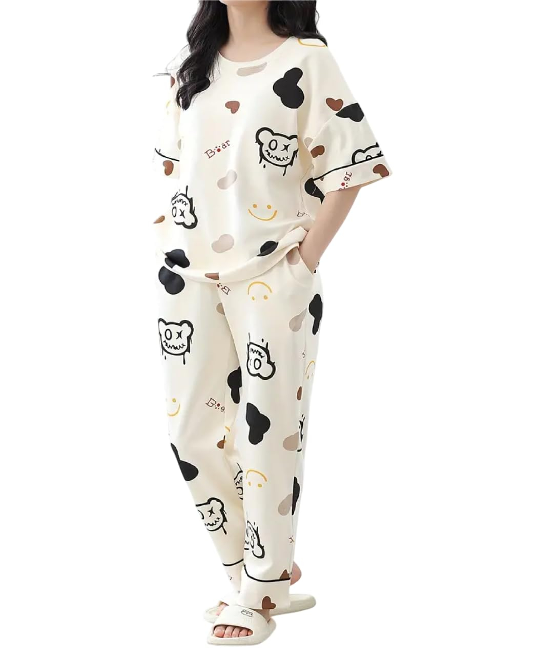 Women's Cotton Blend Full-Sleeve Night Suit - Cream - Image 2