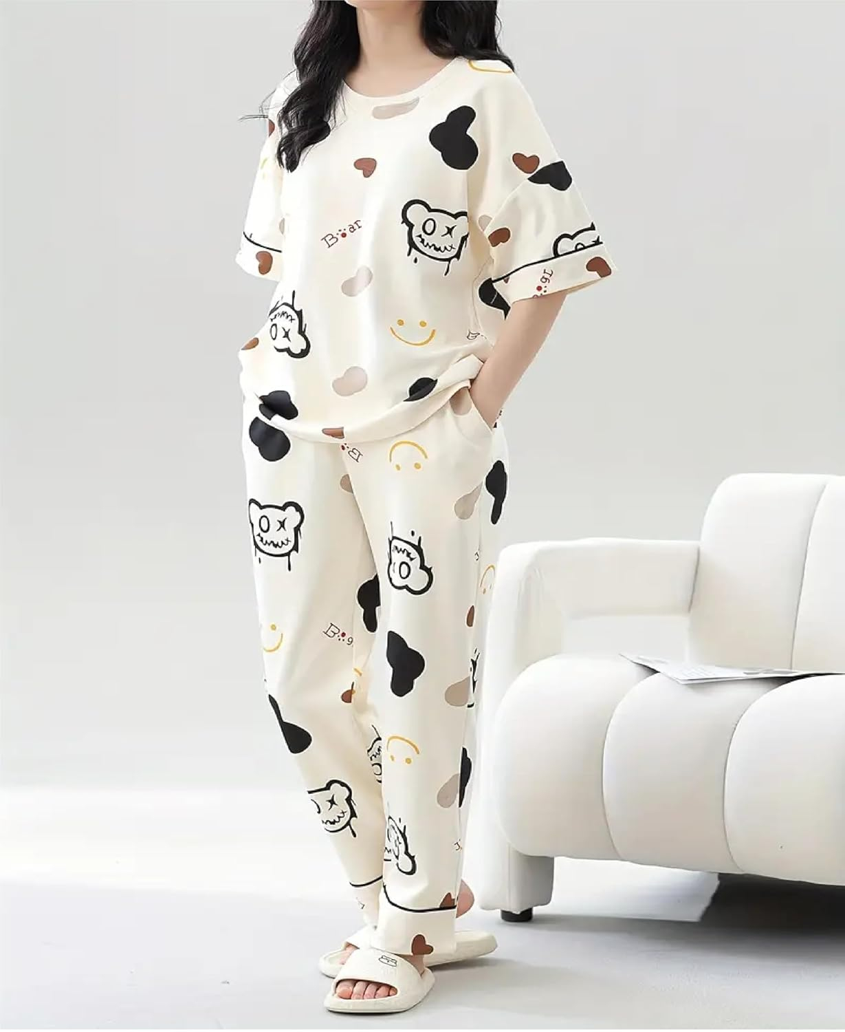 Women's Cotton Blend Full-Sleeve Night Suit - Cream - Image 3