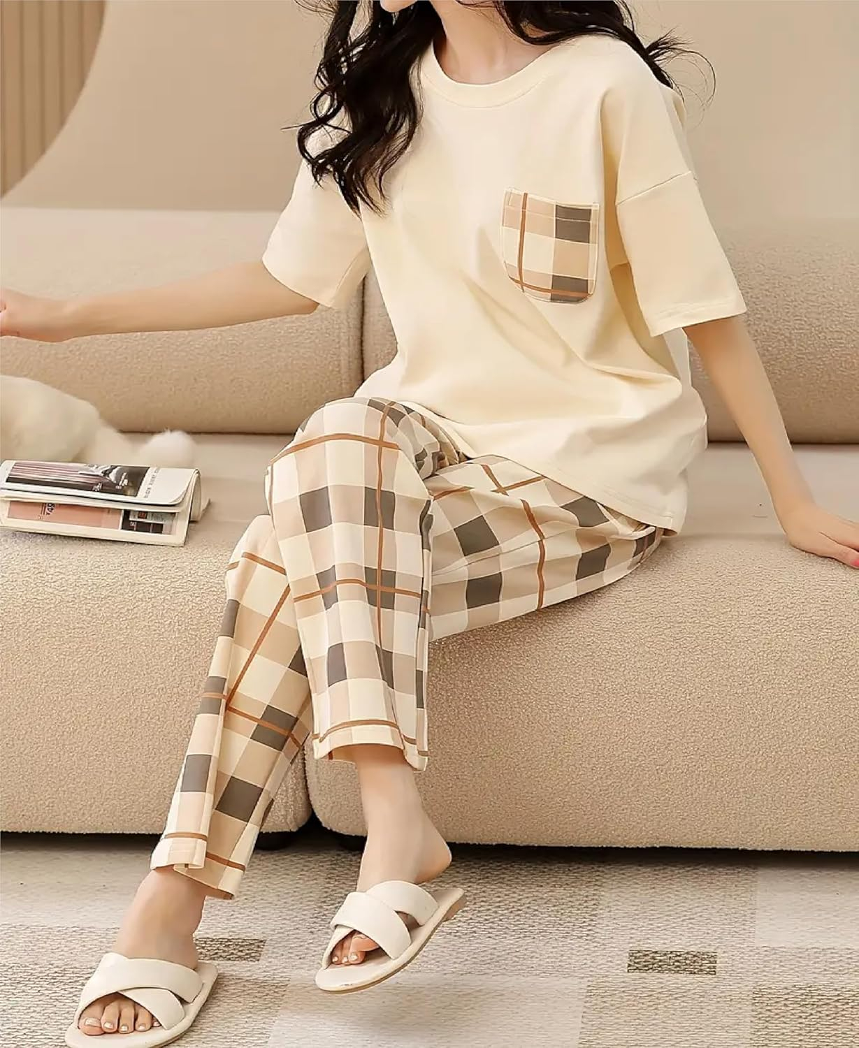 Women's Cotton Blend Full-Sleeve Night Suit - Cream - Image 48