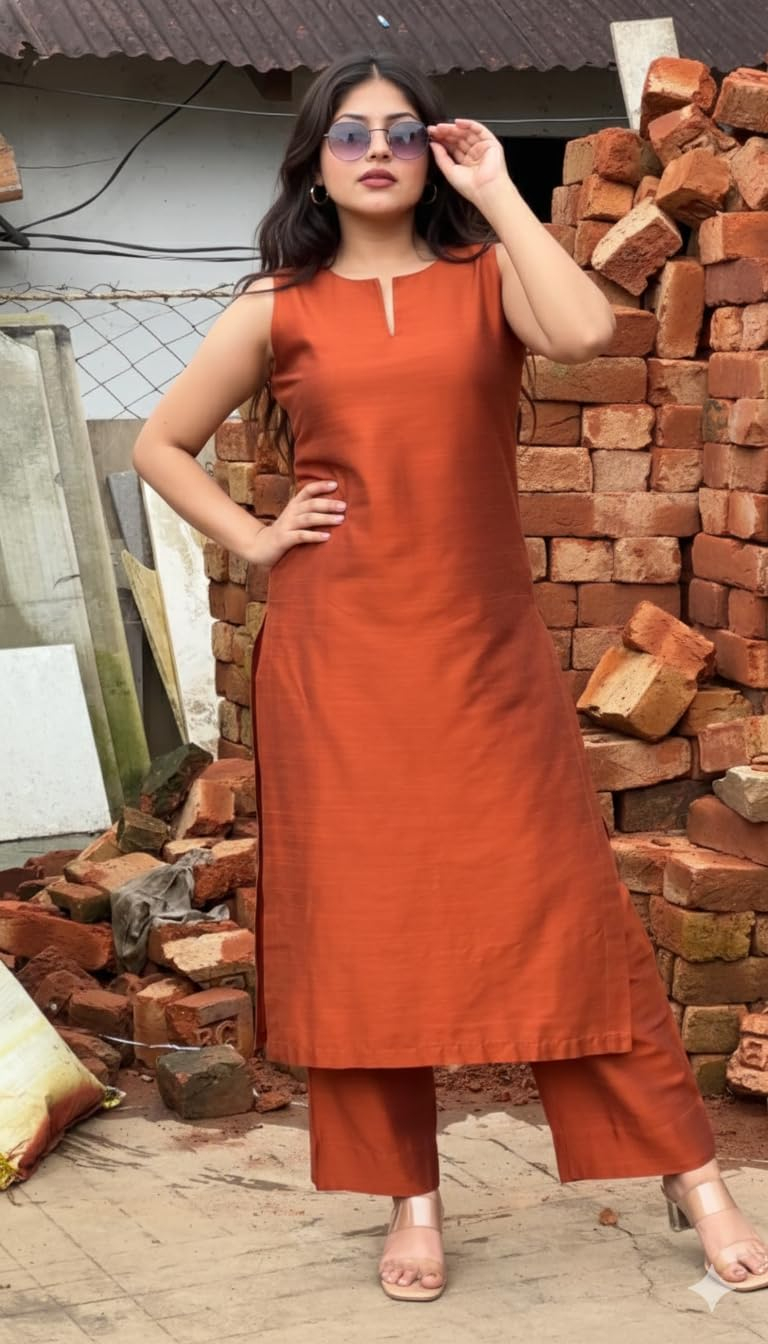 Women's Sleeveless Kurta and Palazzo Set - Brown - Image 17