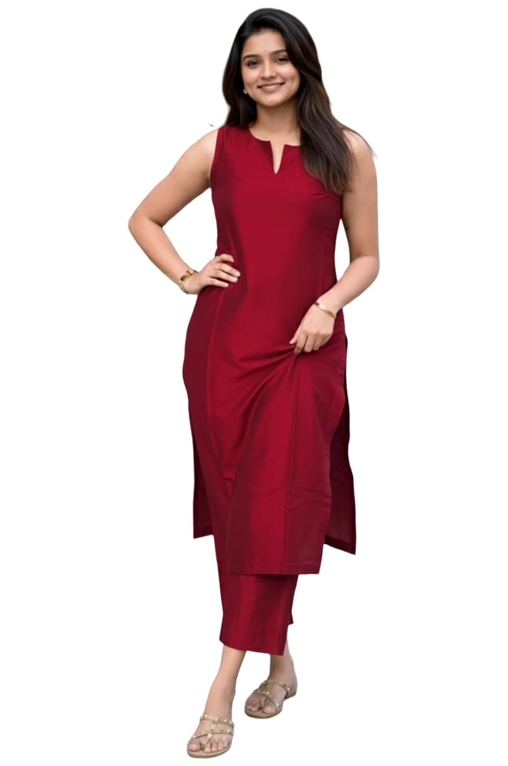 Women's Sleeveless Kurta and Palazzo Set - Red - Image 2