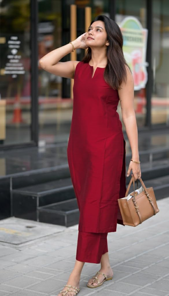 Women's Sleeveless Kurta and Palazzo Set - Red - Image 4