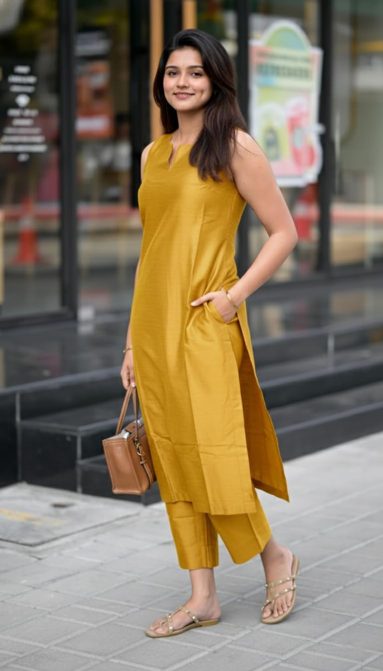 Women's Sleeveless Kurta and Palazzo Set - Beige - Image 35