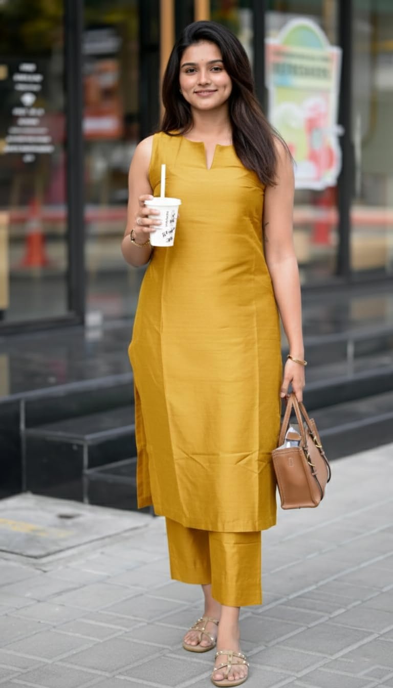 Women's Sleeveless Kurta and Palazzo Set - Beige - Image 37