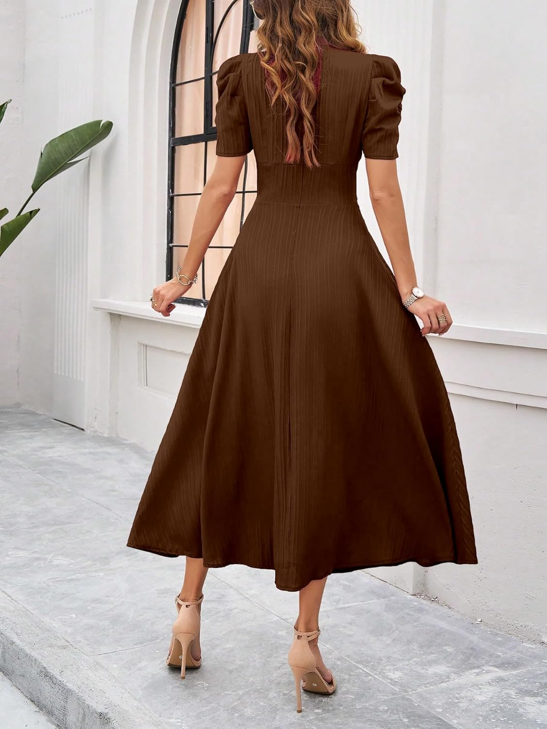 Women's V-Neck A-Line Maxi Dress - Brown - Image 3