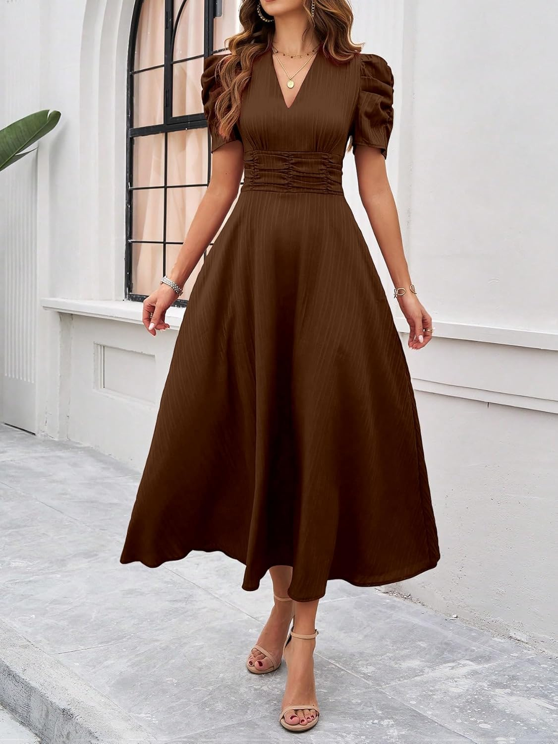Women's V-Neck A-Line Maxi Dress - Brown - Image 4
