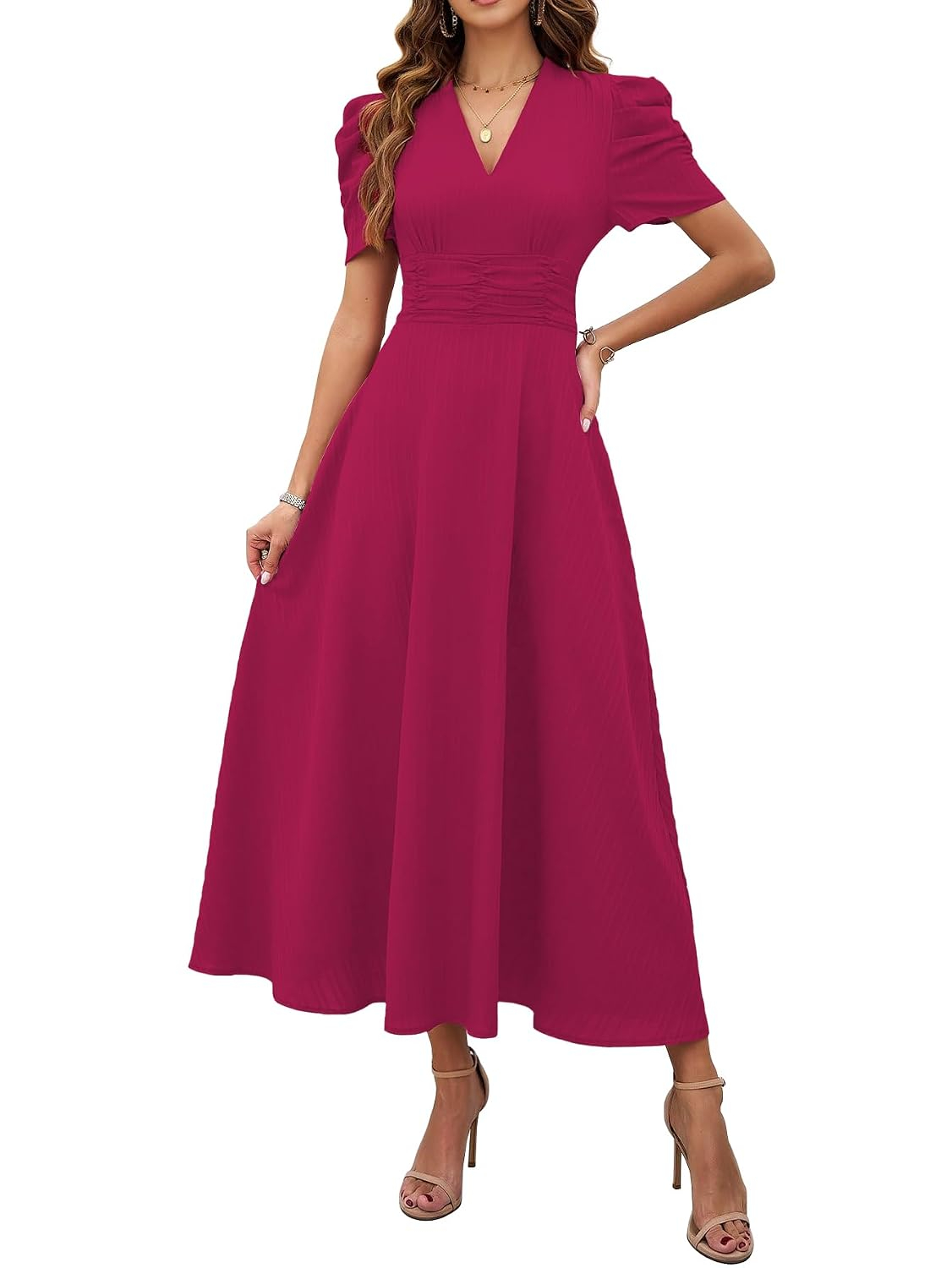 Women's V-Neck A-Line Maxi Dress - Brown - Image 34