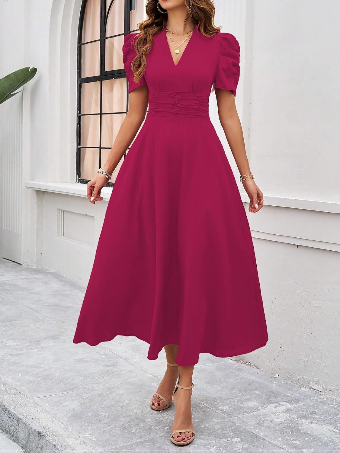 Women's V-Neck A-Line Maxi Dress - Brown - Image 36