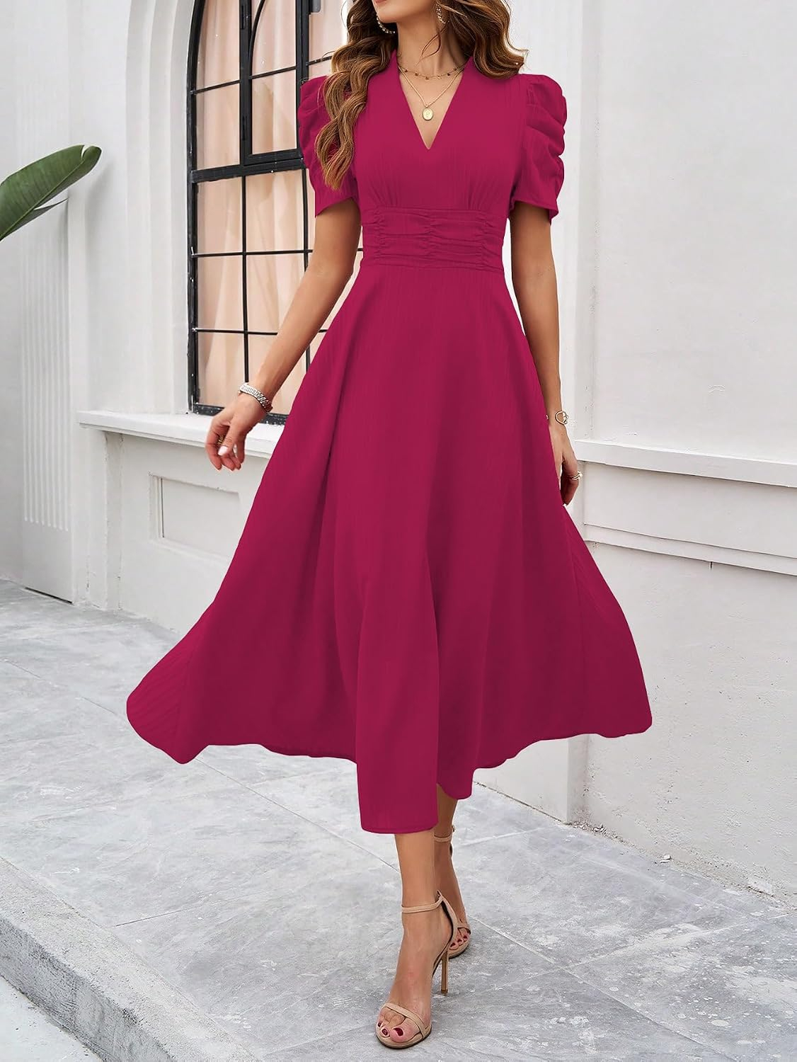 Women's V-Neck A-Line Maxi Dress - Brown - Image 37