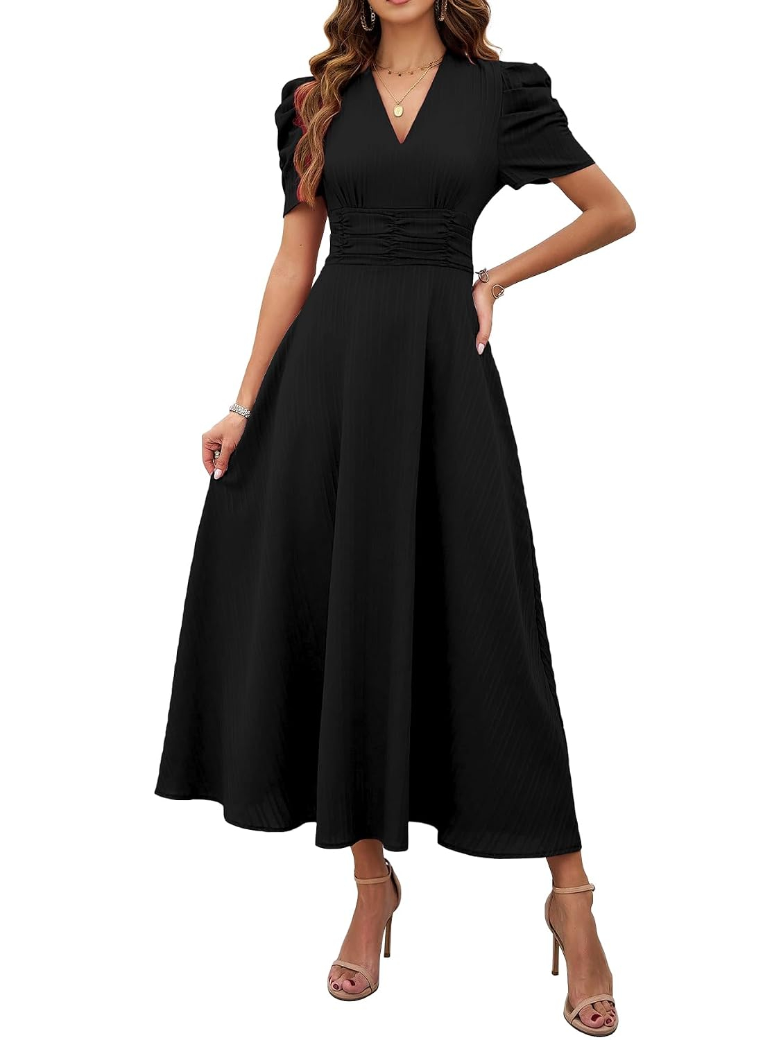 Women's V-Neck A-Line Maxi Dress - Brown - Image 46