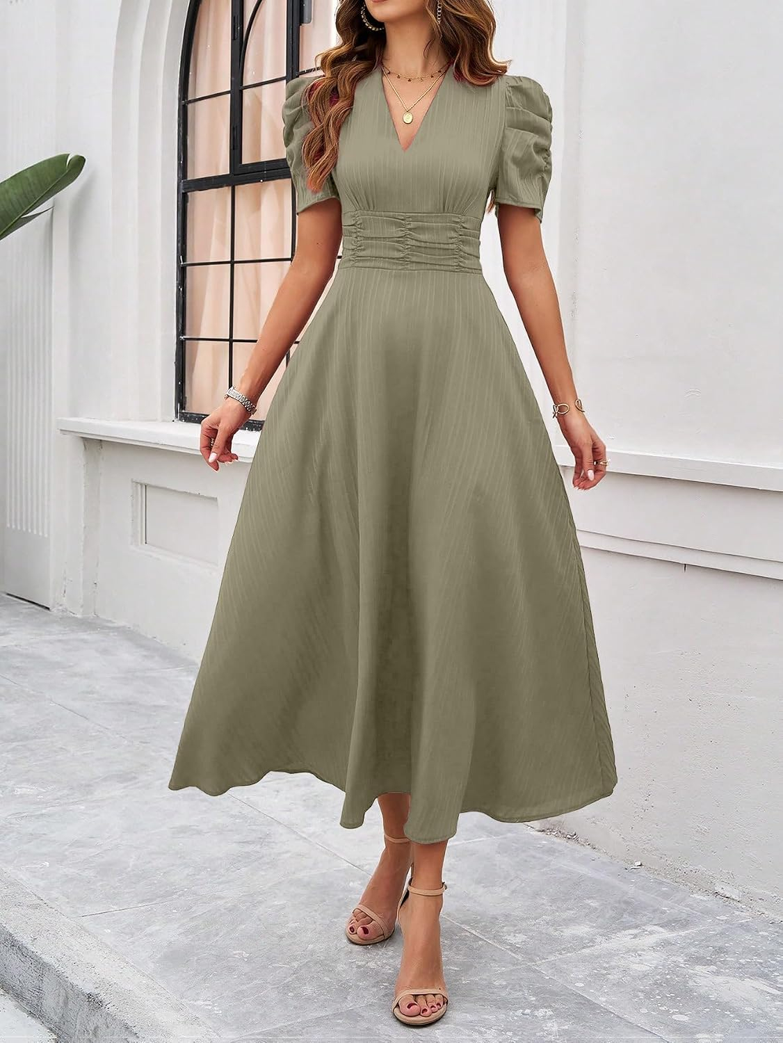 Women's V-Neck A-Line Maxi Dress - Brown - Image 57
