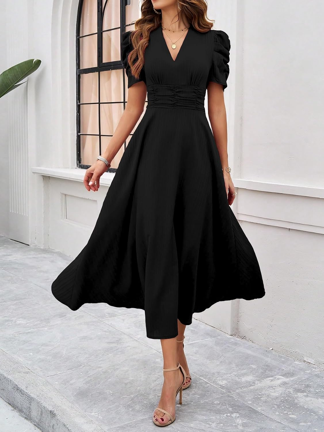 Women's V-Neck A-Line Maxi Dress - Black - Image 5