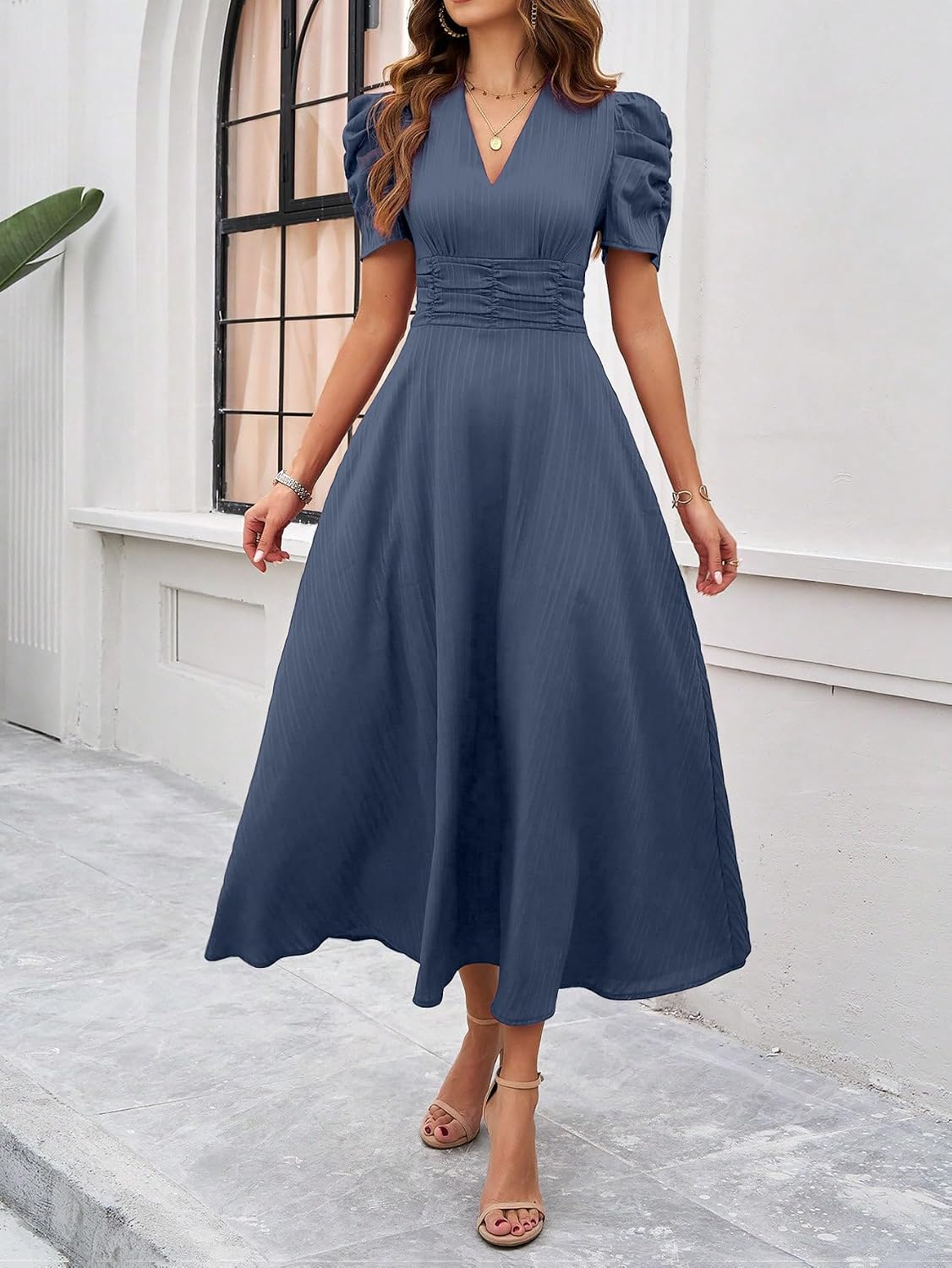 Women's V-Neck A-Line Maxi Dress - Indigo Blue - Image 4