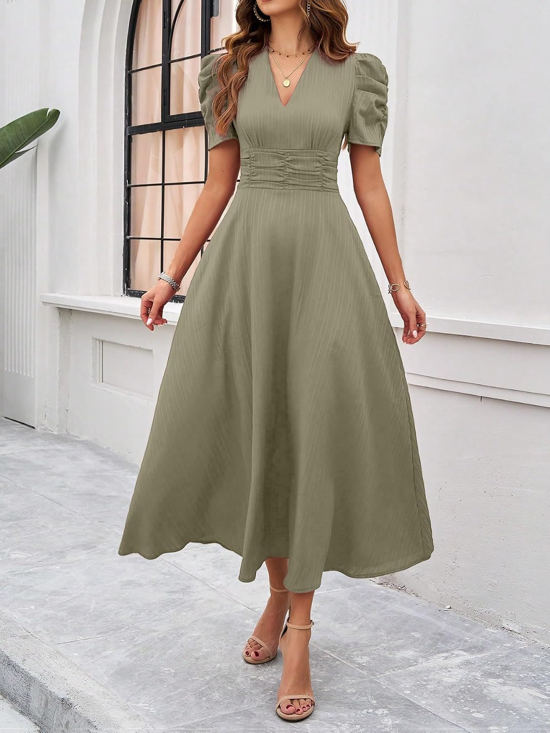 Women's V-Neck A-Line Maxi Dress - Indigo Blue - Image 55