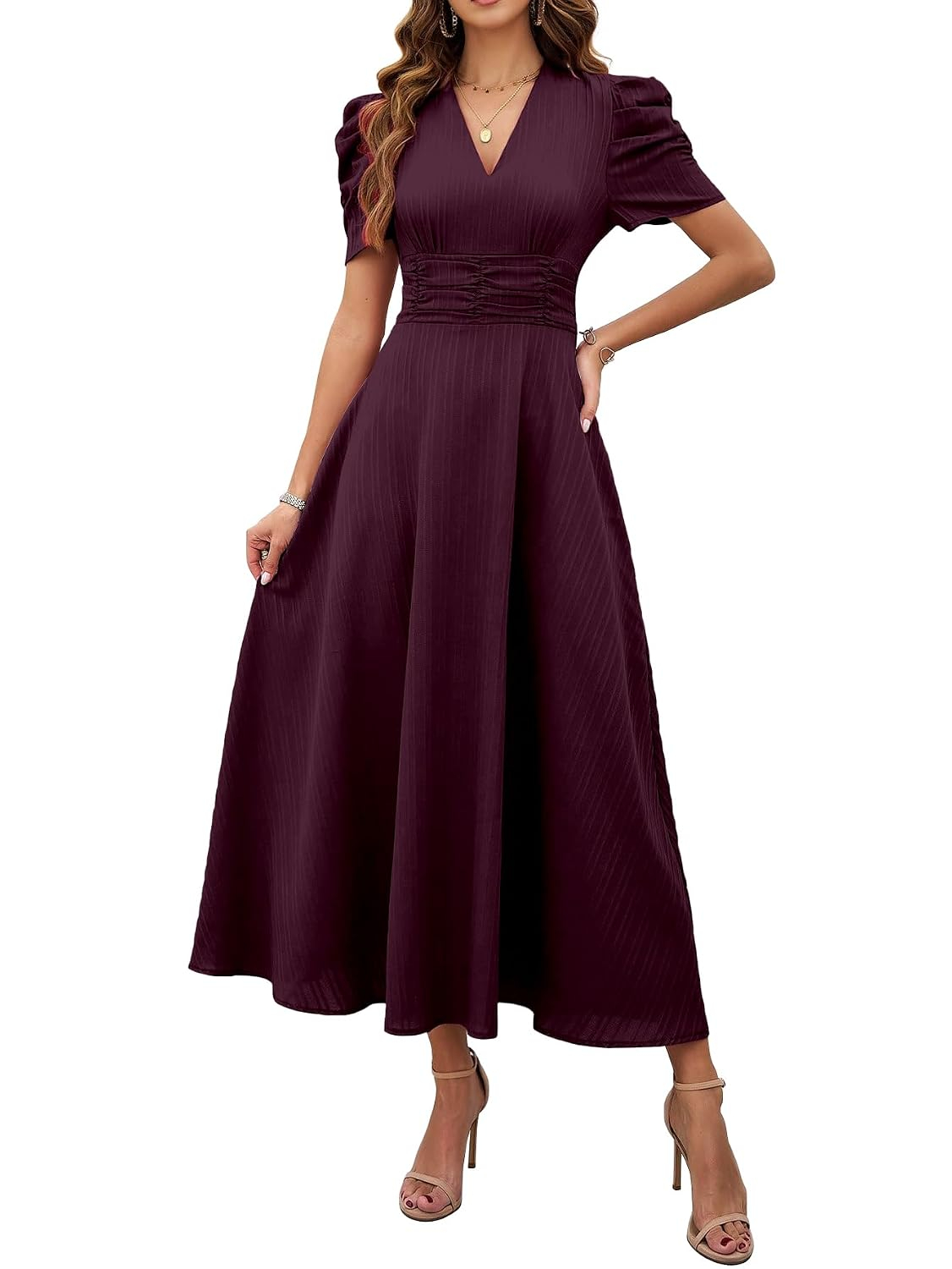 Women's V-Neck A-Line Maxi Dress - Magenta - Image 2