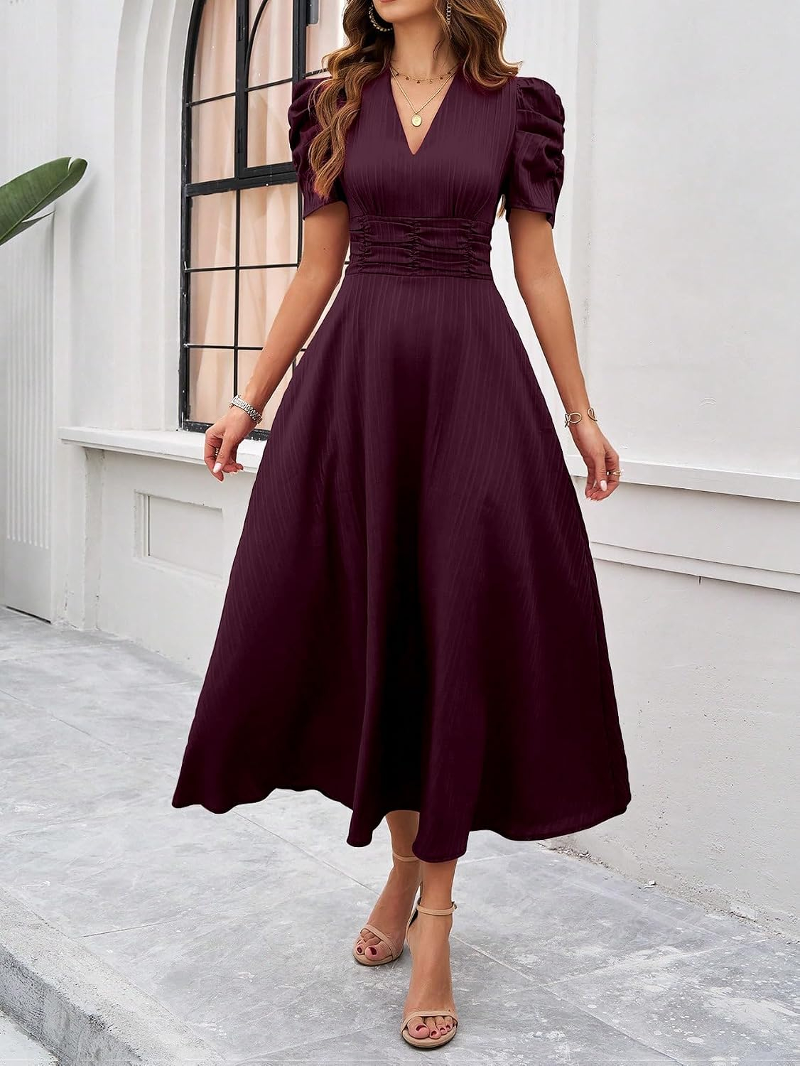 Women's V-Neck A-Line Maxi Dress - Magenta - Image 4