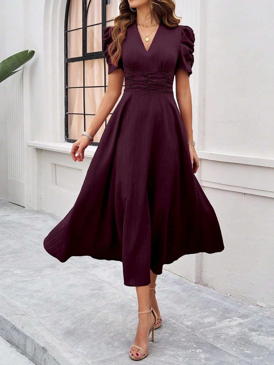 Women's V-Neck A-Line Maxi Dress - Magenta - Image 5