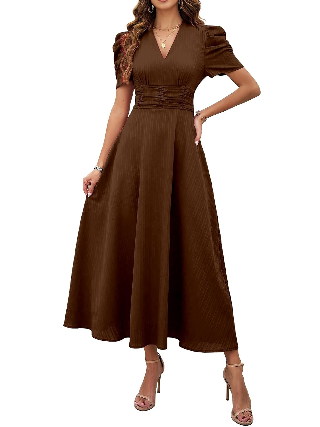 Women's V-Neck A-Line Maxi Dress - Magenta - Image 9
