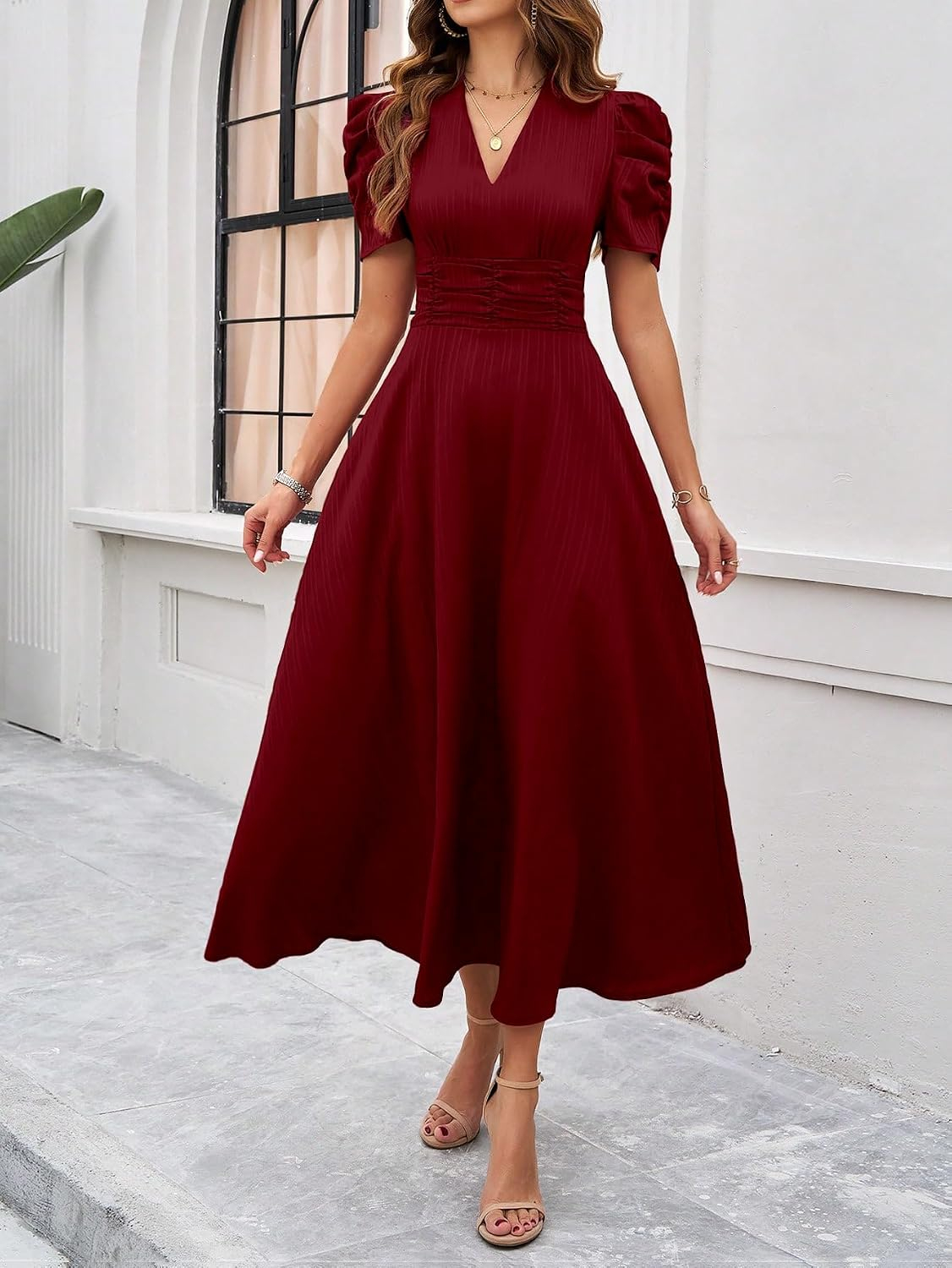 Women's V-Neck A-Line Maxi Dress - Magenta - Image 18