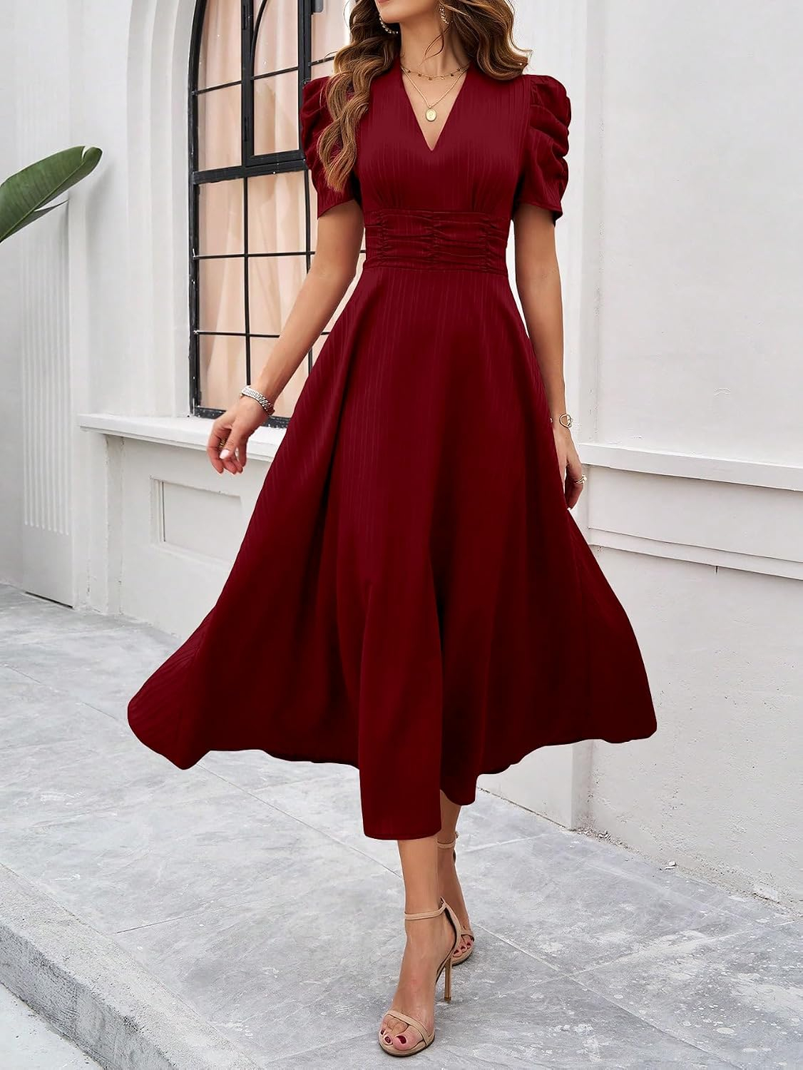 Women's V-Neck A-Line Maxi Dress - Magenta - Image 19