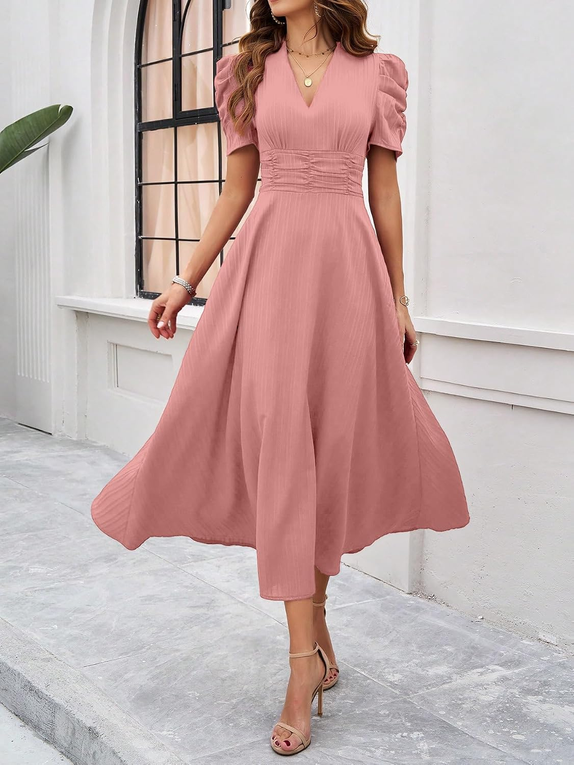 Women's V-Neck A-Line Maxi Dress - Magenta - Image 30