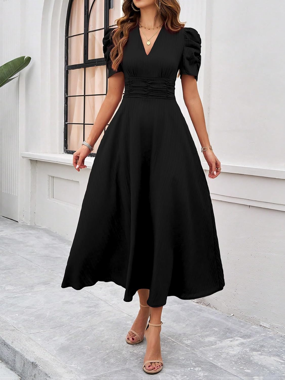 Women's V-Neck A-Line Maxi Dress - Magenta - Image 48