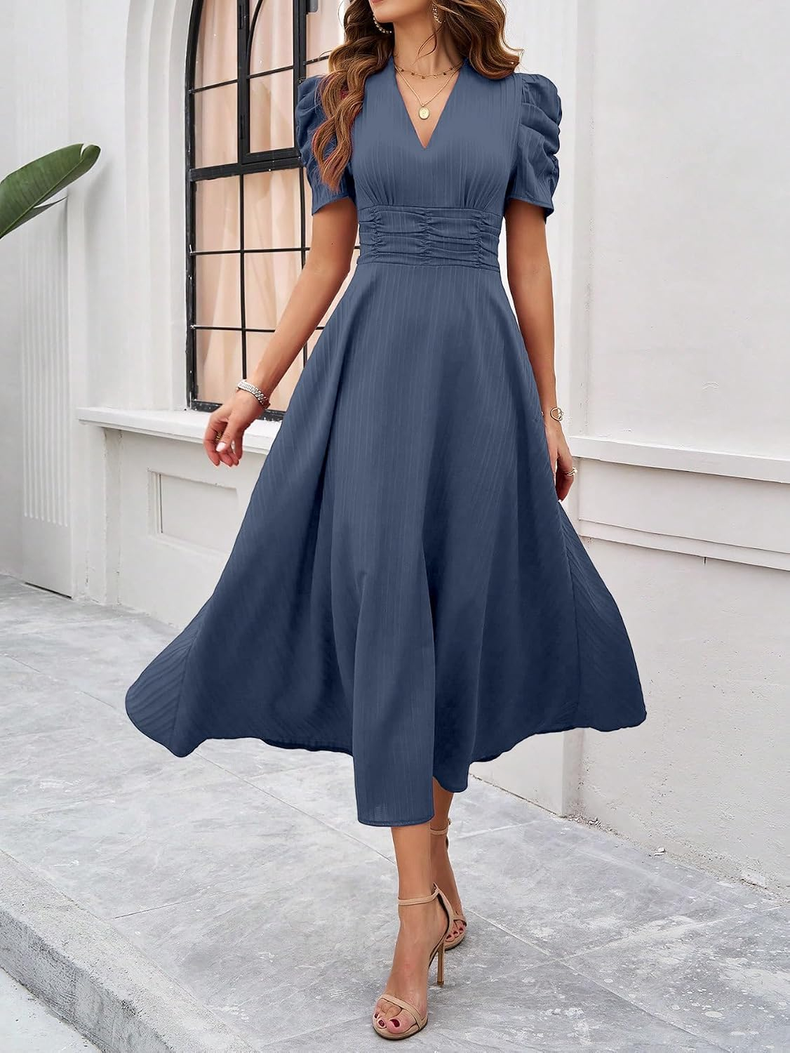 Women's V-Neck A-Line Maxi Dress - Maroon - Image 17