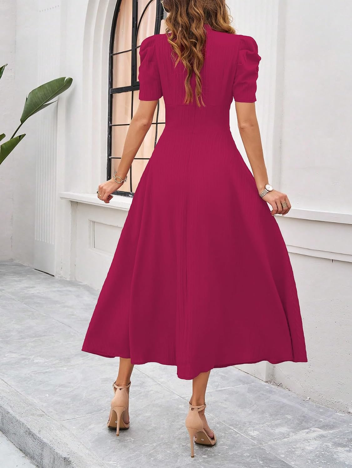 Women's V-Neck A-Line Maxi Dress - Maroon - Image 35