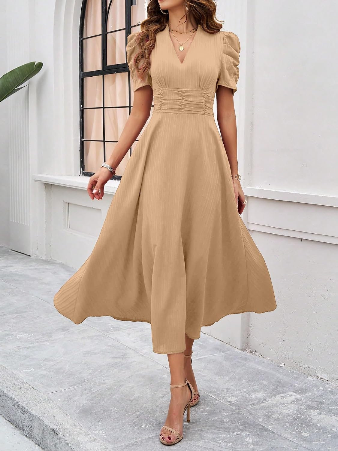Women's V-Neck A-Line Maxi Dress - Maroon - Image 42