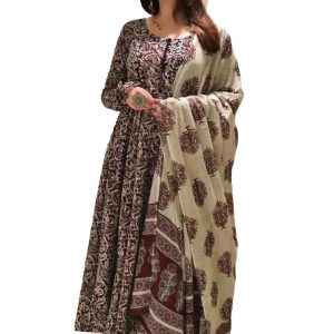 Women's Printed Anarkali Kurta, Pant and Dupatta Set - Maroon
