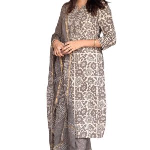 Women's Printed Kurta, Pant and Dupatta Set - Grey