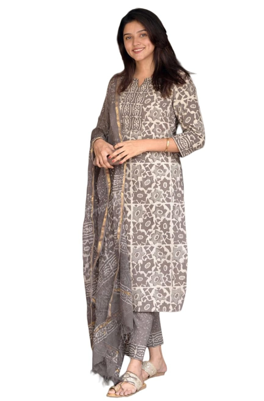 Women's Printed Kurta, Pant and Dupatta Set - Grey