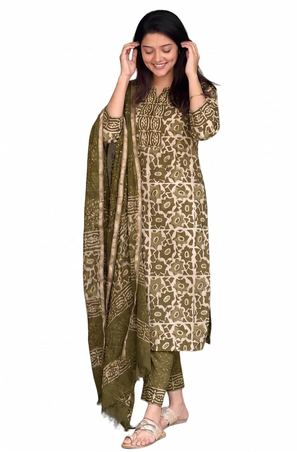Women's Printed Kurta, Pant and Dupatta Set - Grey - Image 39