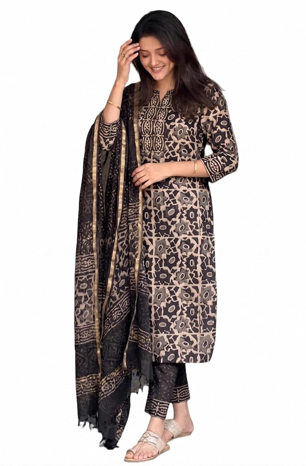 Women's Printed Kurta, Pant and Dupatta Set - Black - Image 7