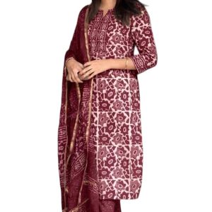 Women's Printed Kurta, Pant and Dupatta Set - Maroon