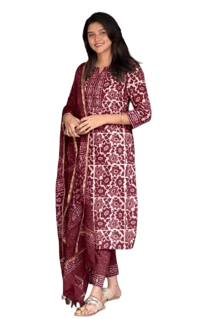 Women's Printed Kurta, Pant and Dupatta Set - Maroon