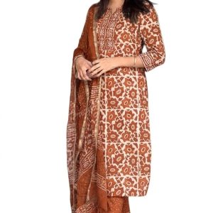 Women's Printed Kurta, Pant and Dupatta Set - Orange