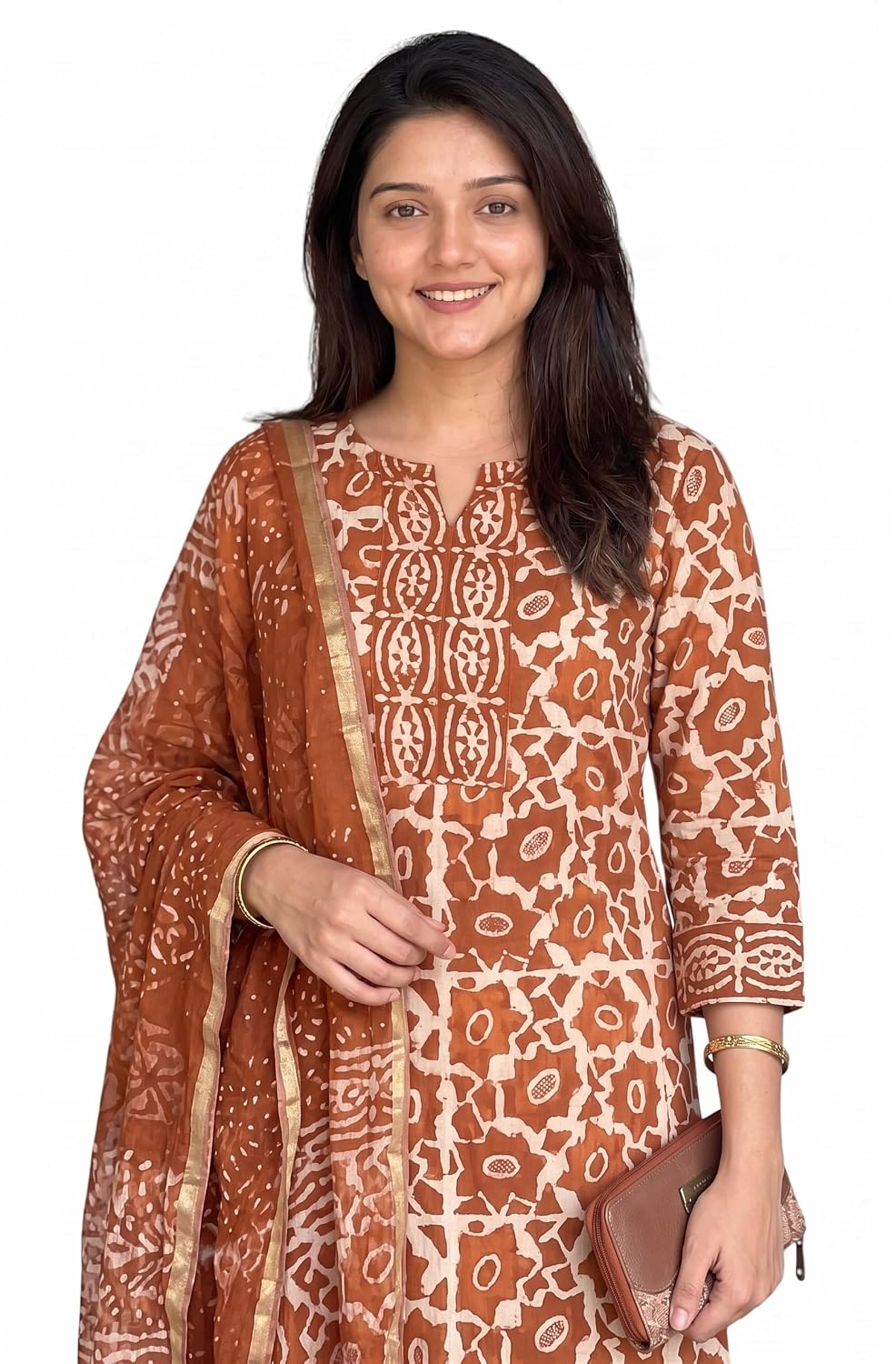 Women's Printed Kurta, Pant and Dupatta Set - Orange - Image 3