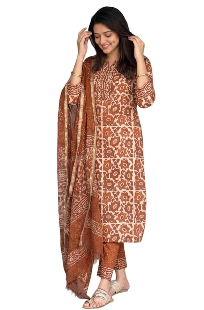 Women's Printed Kurta, Pant and Dupatta Set - Orange - Image 6