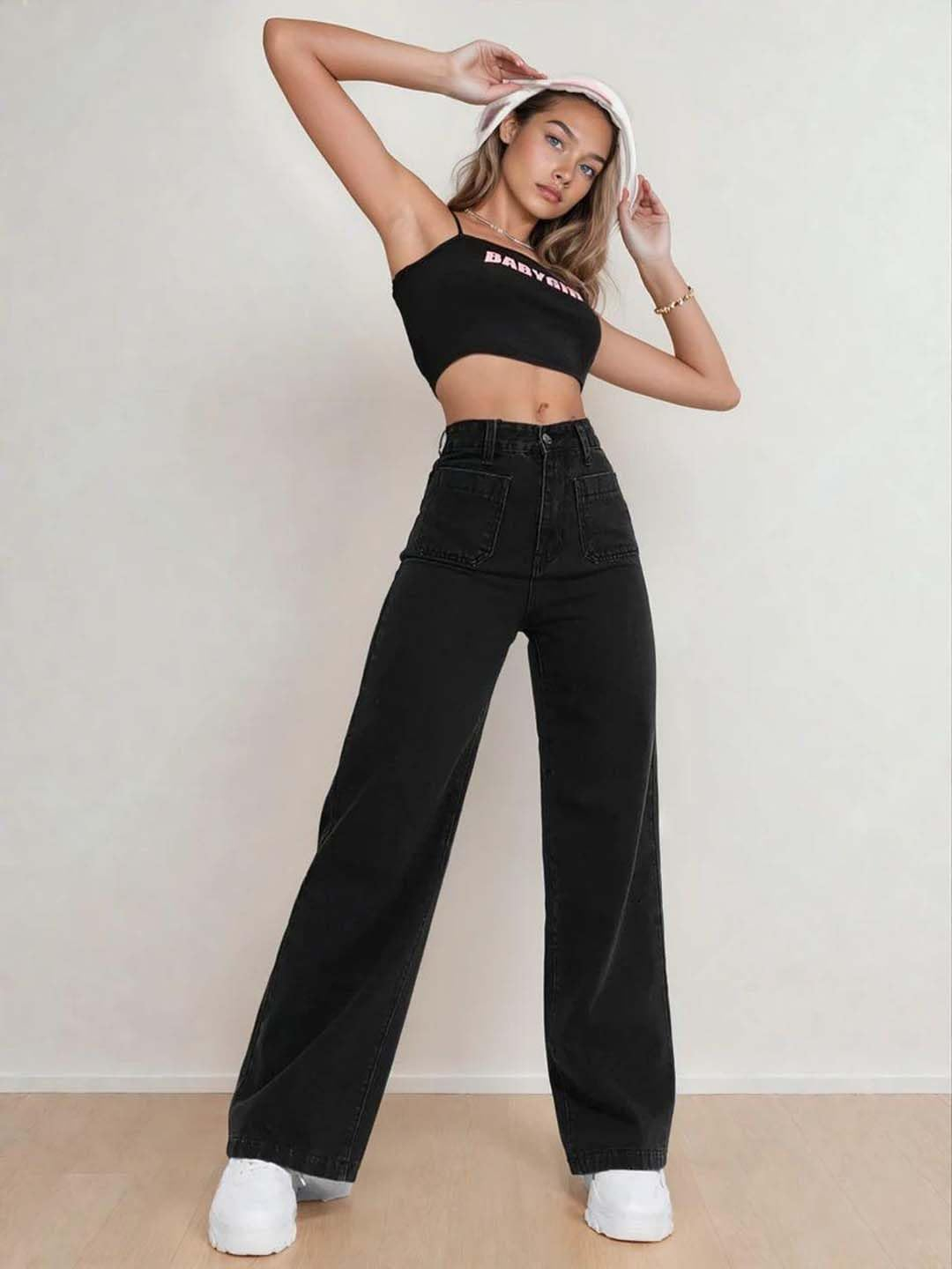 Women's High-Waist Wide-Leg Jeans - Black - Image 6