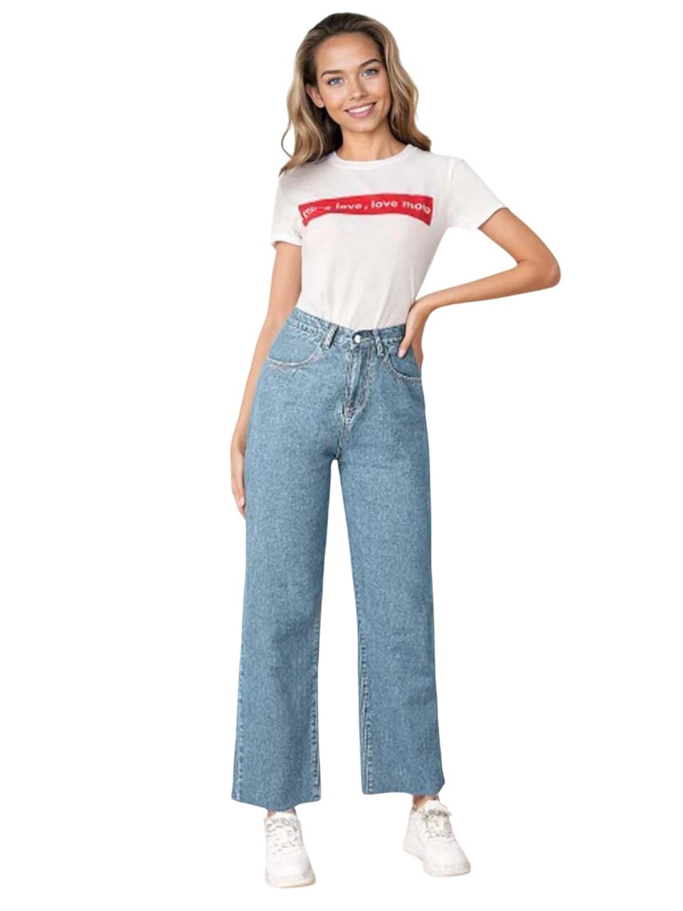 Women's High-Waist Wide-Leg Jeans - Washed Light Blue