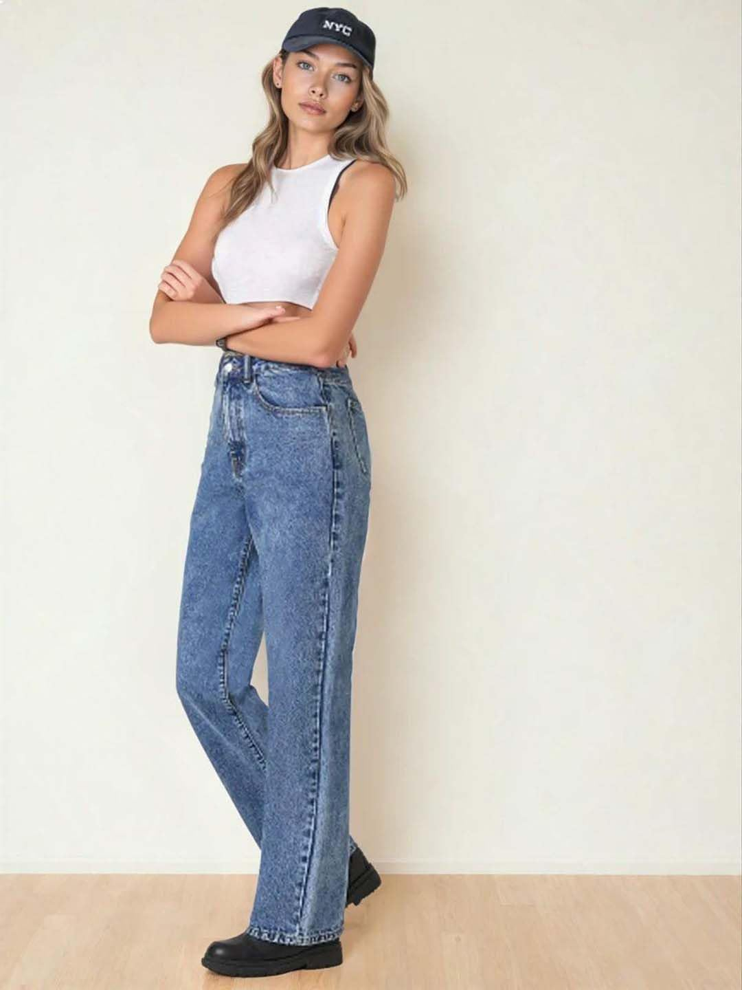 Women's High-Waist Wide-Leg Jeans - Washed Light Blue - Image 14