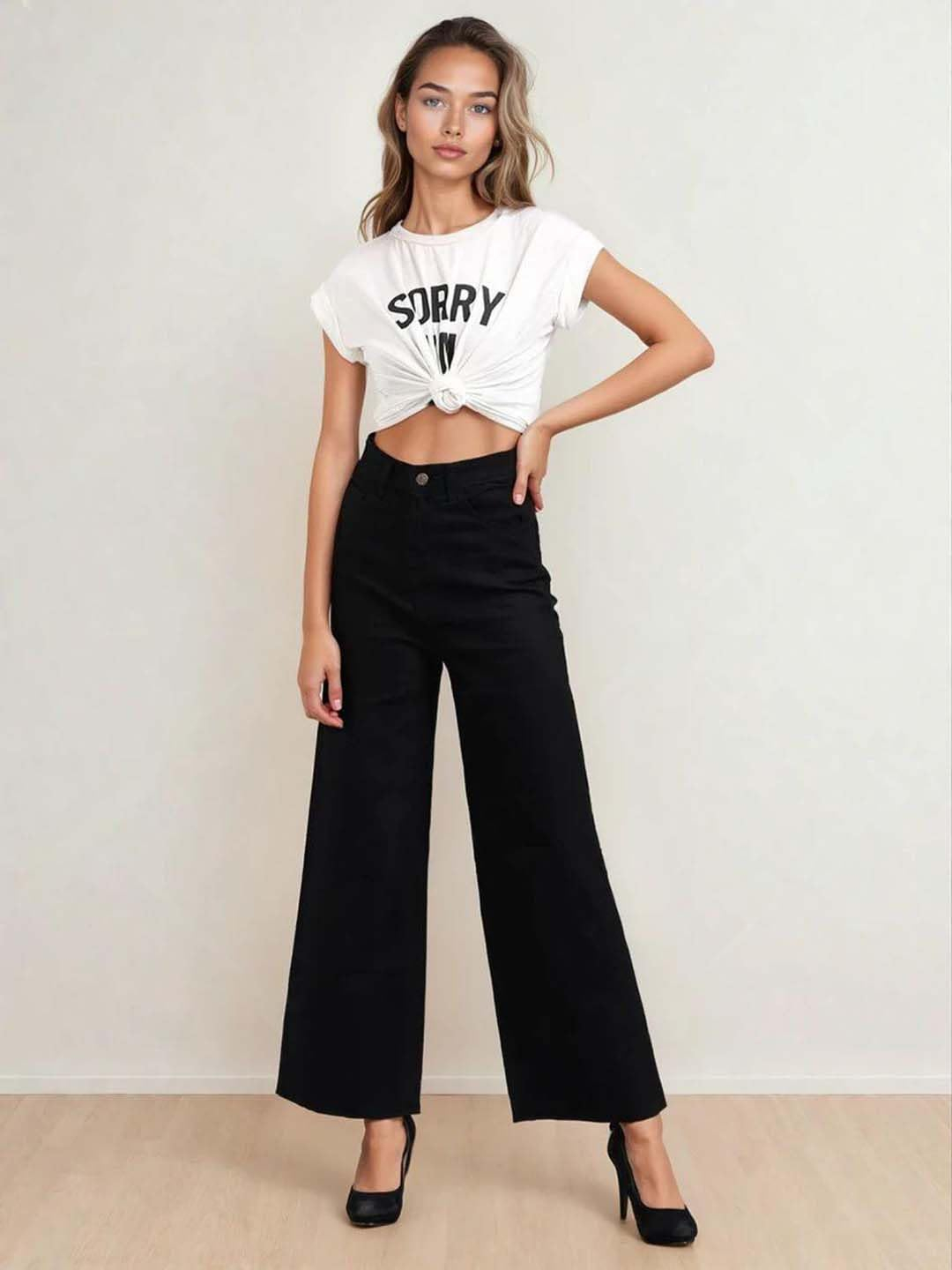 Women's High-Waist Wide-Leg Jeans - Jet Black - Image 3