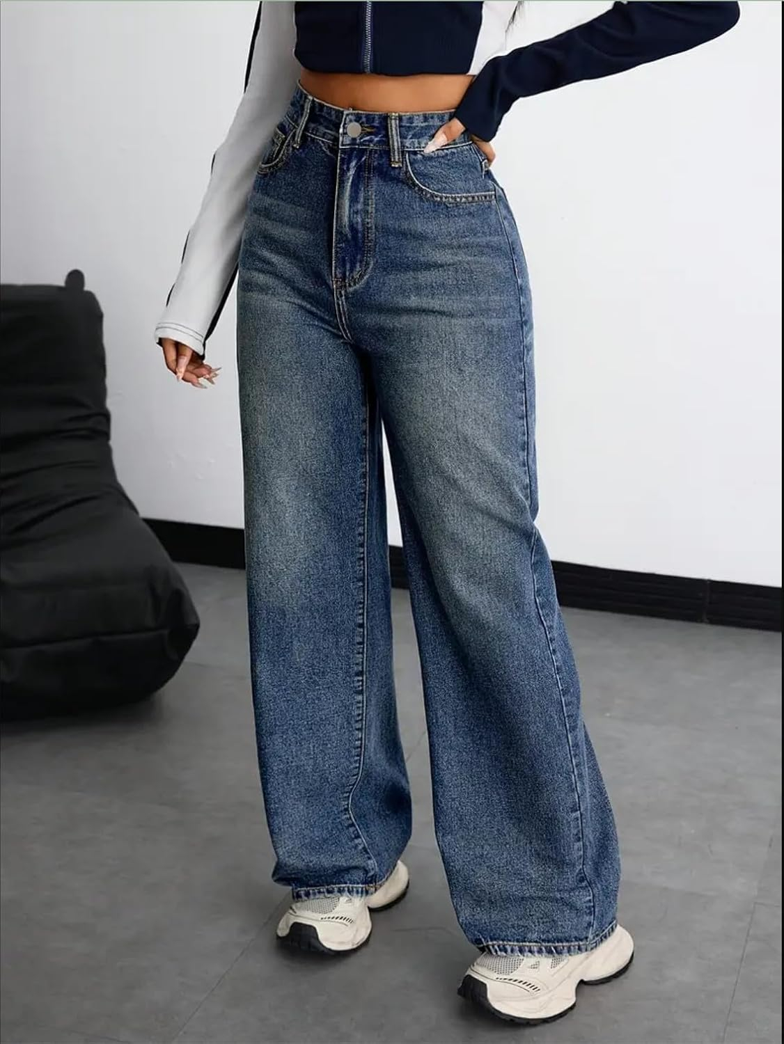 Women's Stretch High-Waist Baggy Jeans - Denim Blue - Image 6