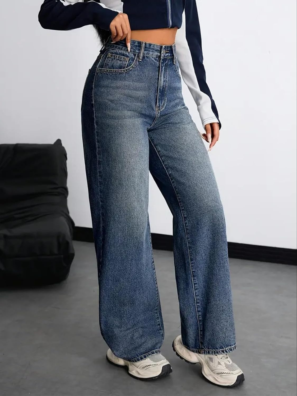 Women's Stretch High-Waist Baggy Jeans - Denim Blue - Image 7