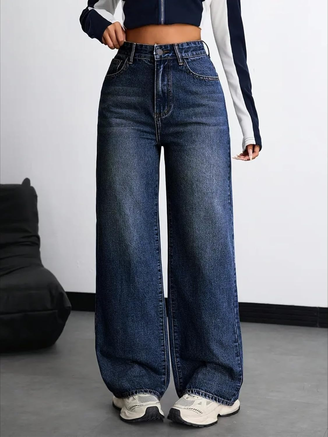 Women's Stretch High-Waist Baggy Jeans - Blue - Image 3
