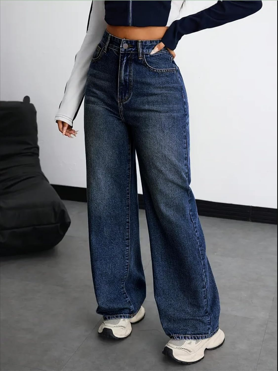 Women's Stretch High-Waist Baggy Jeans - Blue - Image 6