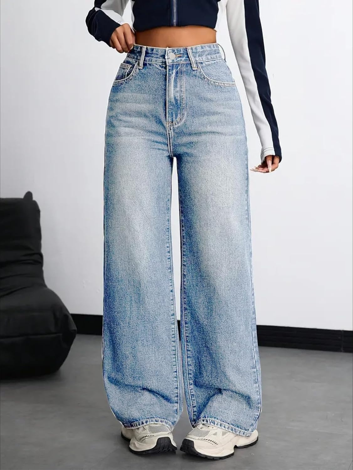 Women's Stretch High-Waist Baggy Jeans - Blue - Image 9