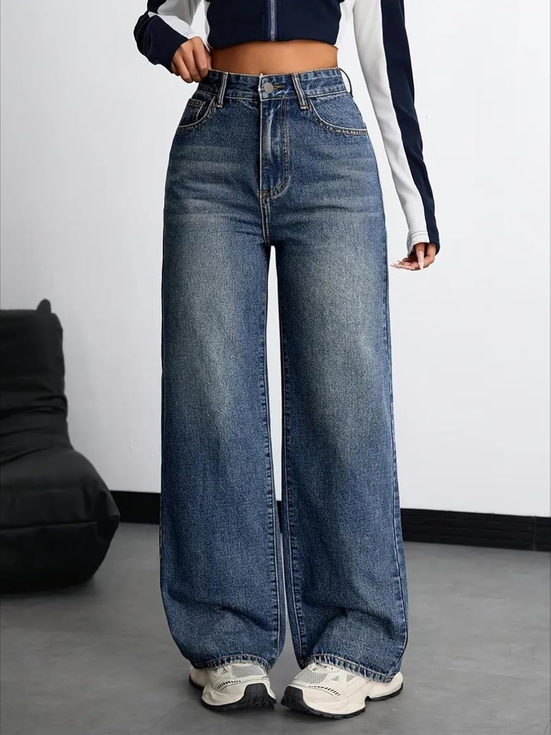 Women's Stretch High-Waist Baggy Jeans - Blue - Image 21