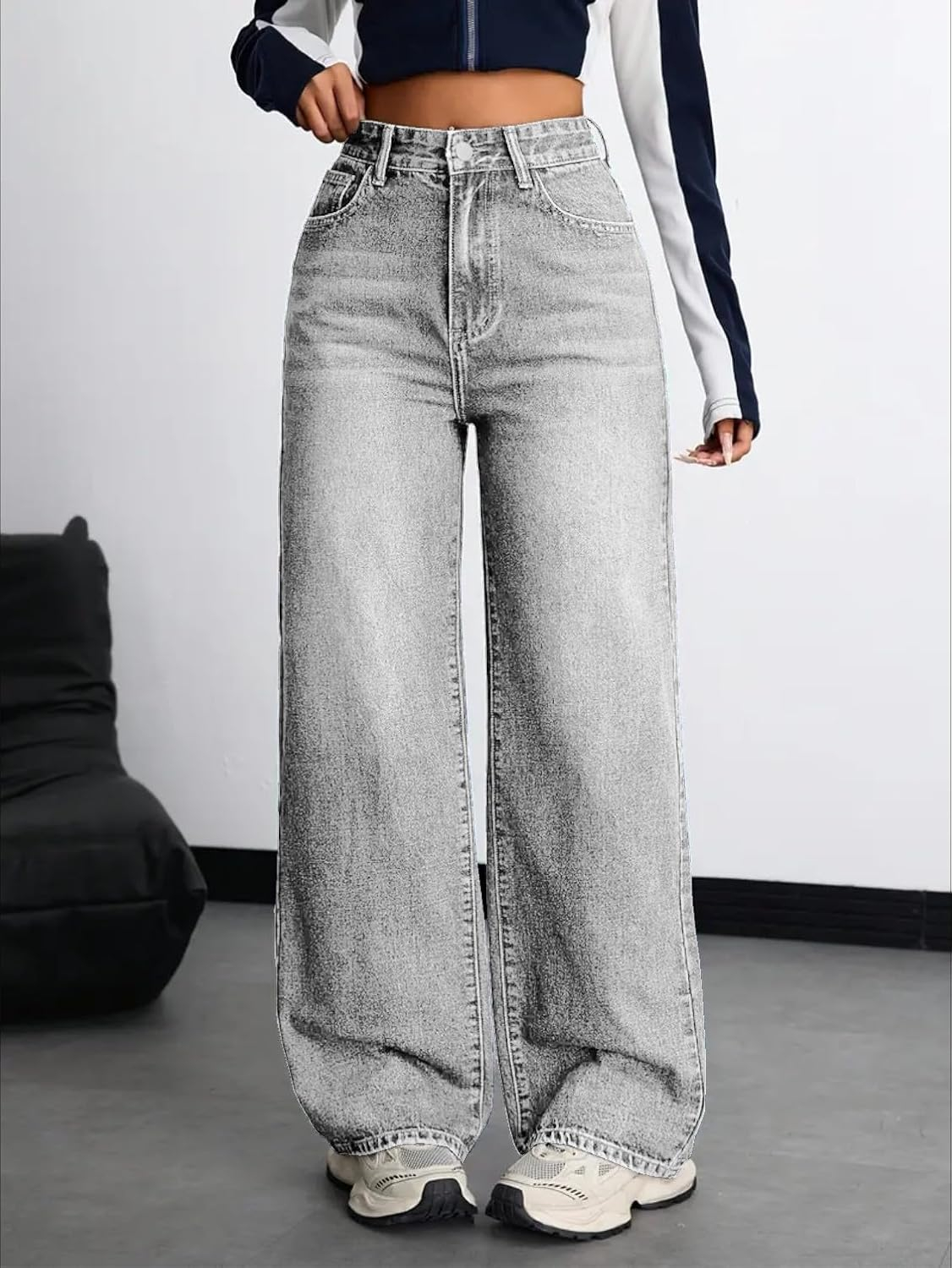 Women's Stretch High-Waist Baggy Jeans - Grey - Image 3